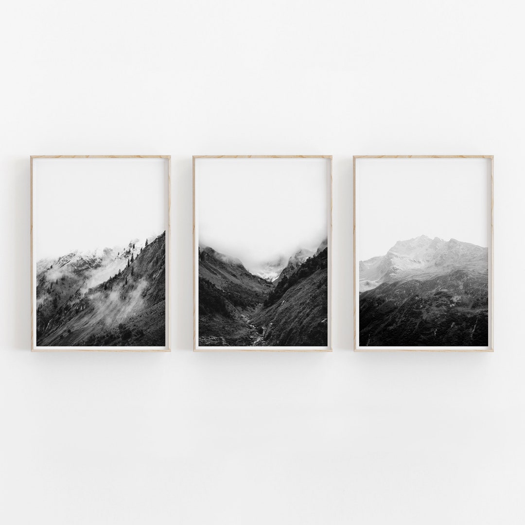 Black and White Mountain Print Set of 3, Nature Wall Art, PRINTABLE Art ...