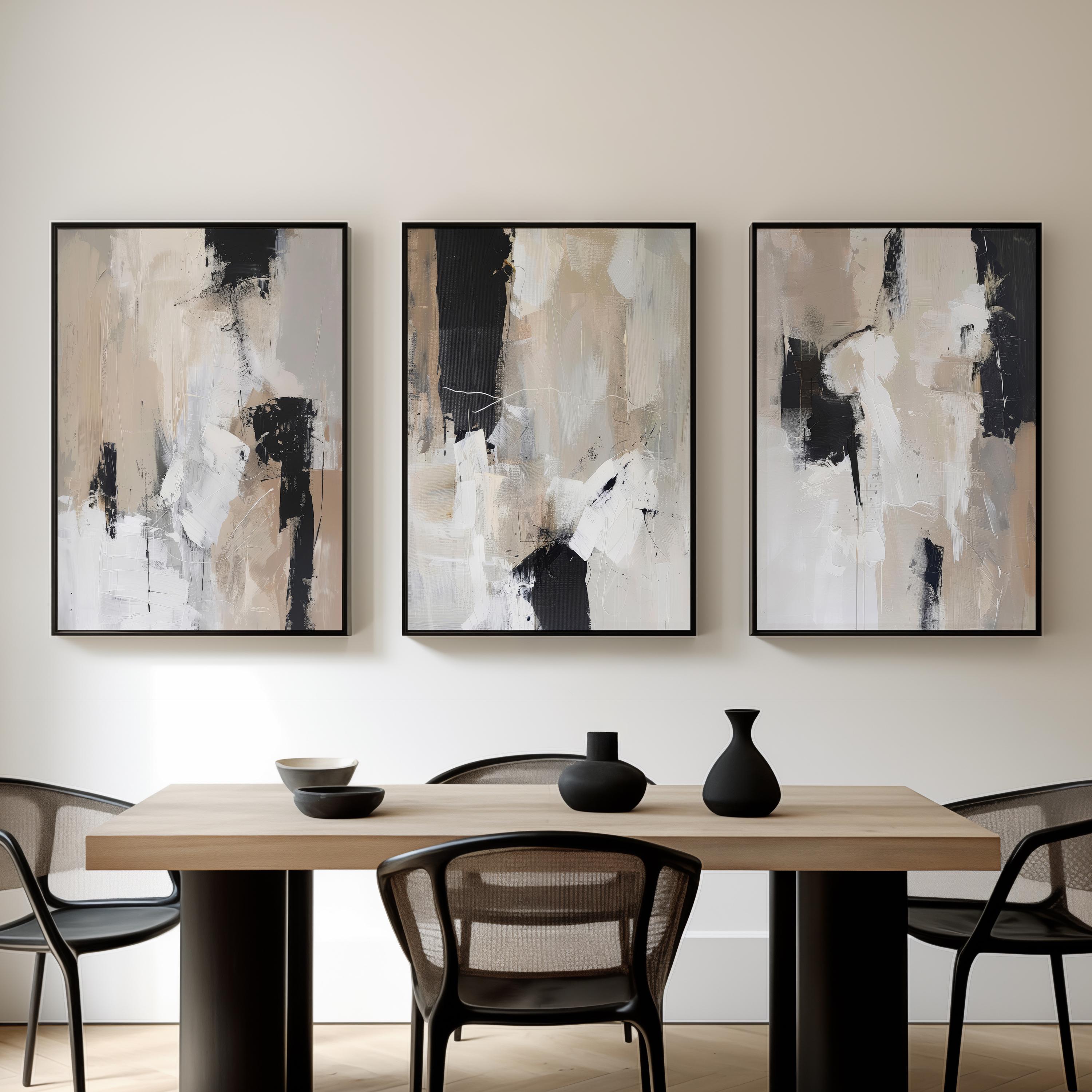Abstract Beige and Black Art Print Set of 3 | Acrylic Painting | Modern ...