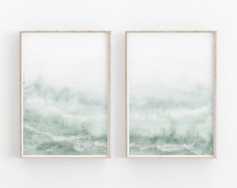 Light Mint Green Painting Set of 2, Abstract Watercolor Print, INSTANT DOWNLOAD, Modern Minimalist Poster, Printable Wall Decor