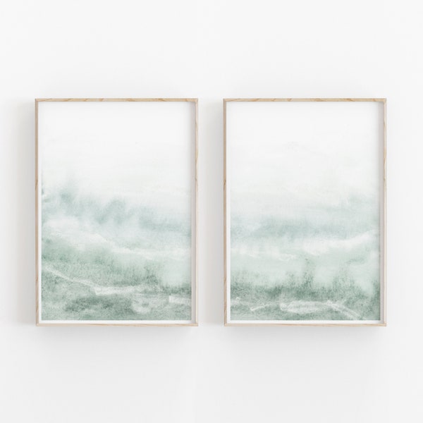 Light Mint Green Painting Set of 2, Abstract Watercolor Print, INSTANT DOWNLOAD, Modern Minimalist Poster, Printable Wall Decor