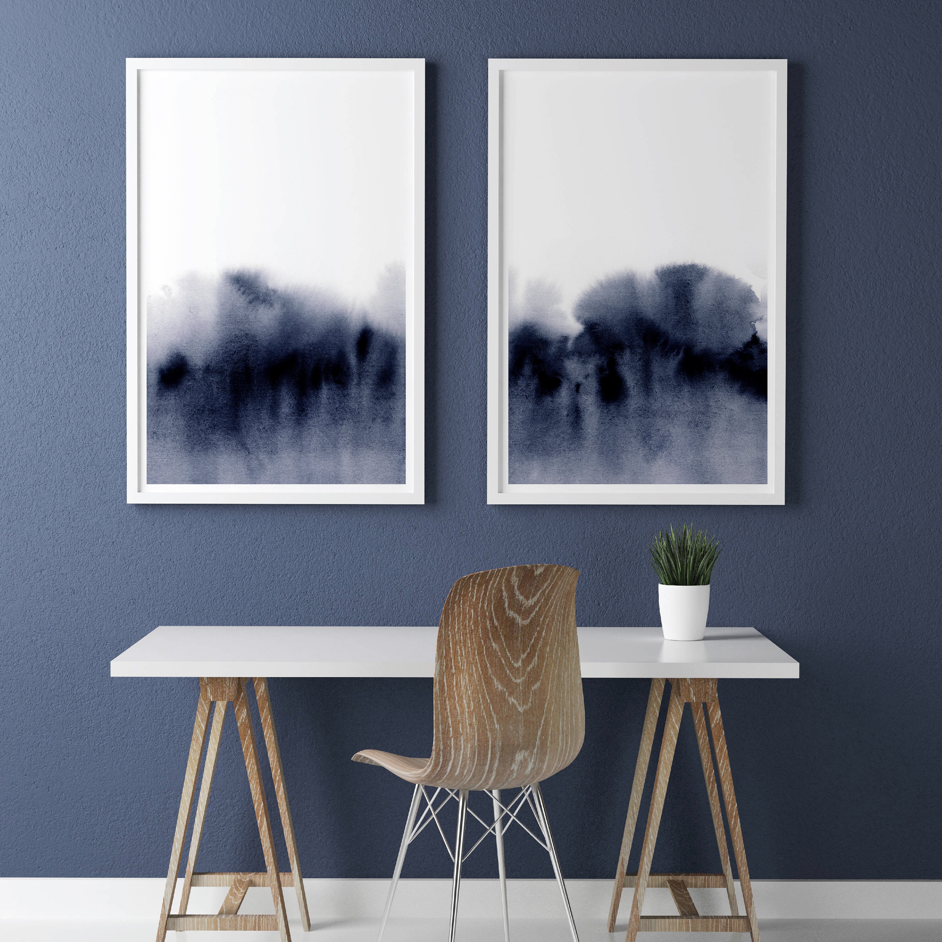 Blue Painting Set of 2 Abstract Watercolor Print Printable | Etsy