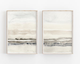 Juego de 2 cuadros en beige y gris, arte de pared abstracto en acuarela, arte IMPRIMIBLE, decoración de pared imprimible, póster