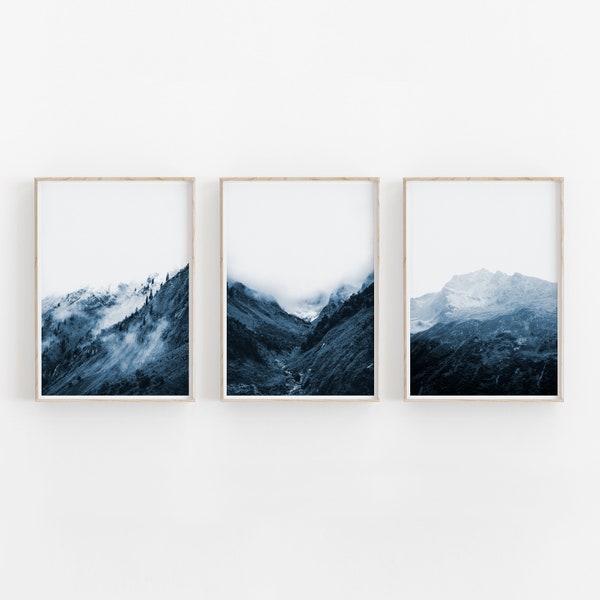 Indigo Mountain Print Set of 3, Nature Print, Printable Art, INSTANT DOWNLOAD, Modern Minimalist Poster, Printable Wall Decor