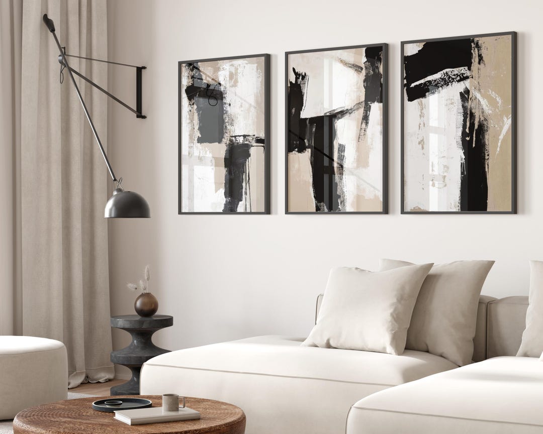 Abstract Beige and Black Art Print Set of 3 | Acrylic Painting | Modern ...