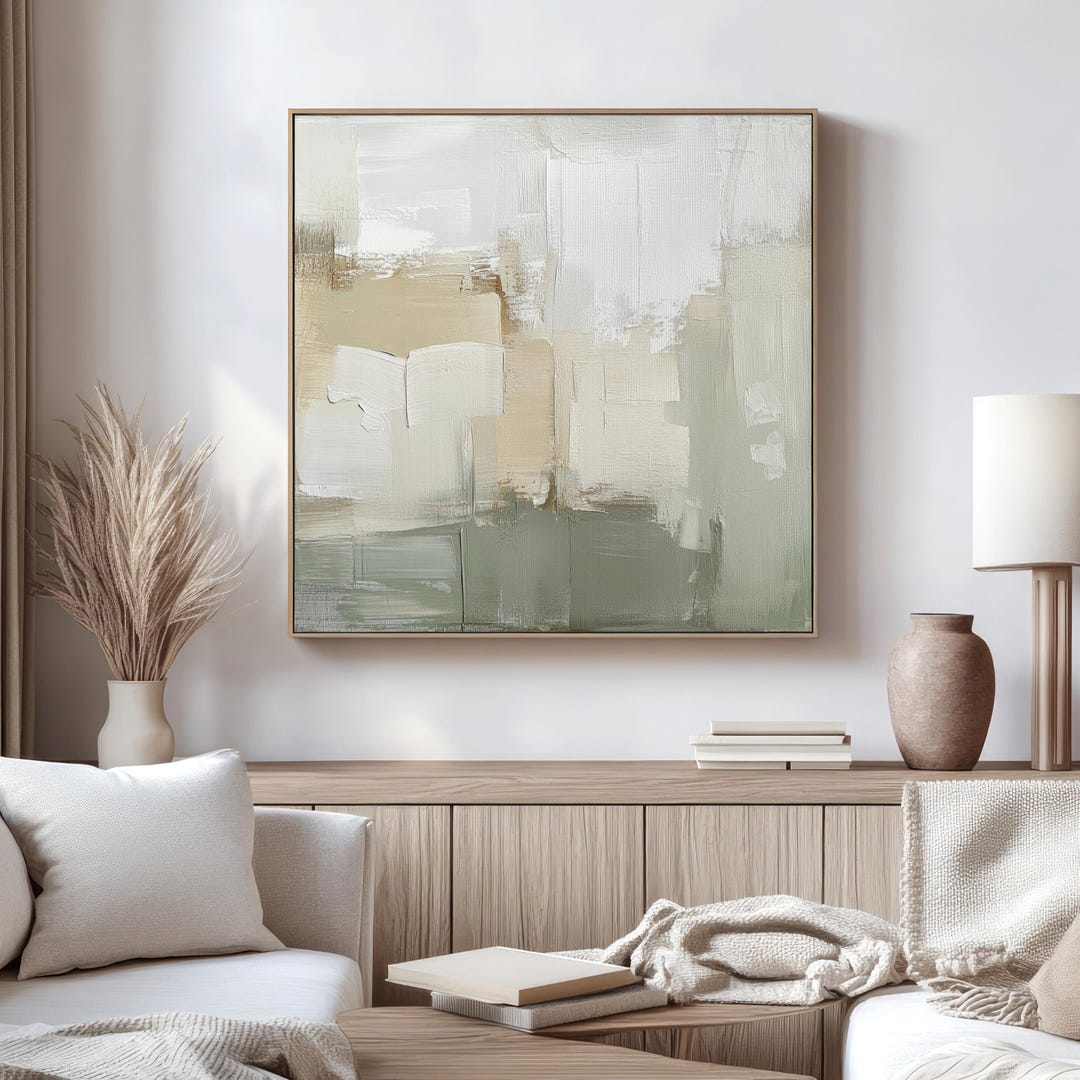 Neutral Sage Green Abstract Art Print | Square Acrylic Painting ...