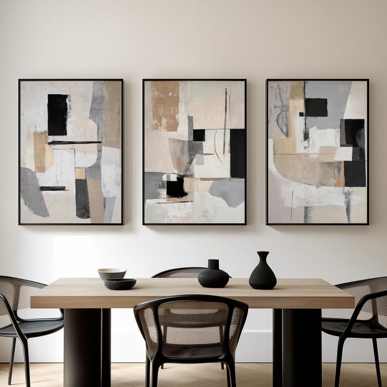 Abstract Black and Beige Art Print Set of 3 | Acrylic Painting | Modern ...
