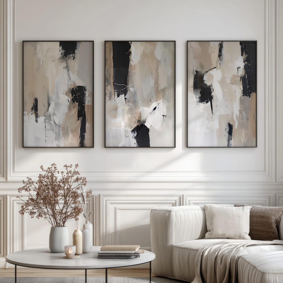 Abstract Beige and Black Art Print Set of 3 | Acrylic Painting | Modern ...