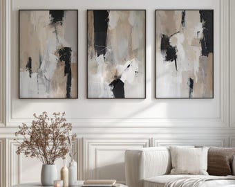 Abstract Beige And Black Art Print Set of 3 | Acrylic Painting | Modern Minimalist Poster | Stretched Canvas Wall Decor