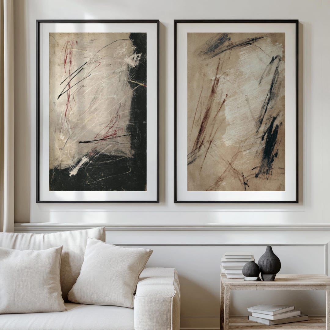 Abstract Beige and Black Art Print Set of 2 | Acrylic Painting | Modern ...