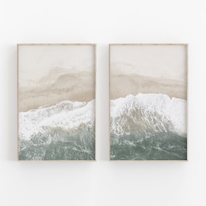 Juego de 2 impresiones del océano, verde neutro y beige, arte de pared de playa aérea, arte IMPRIMIBLE, fotografía, decoración de pared imprimible, póster