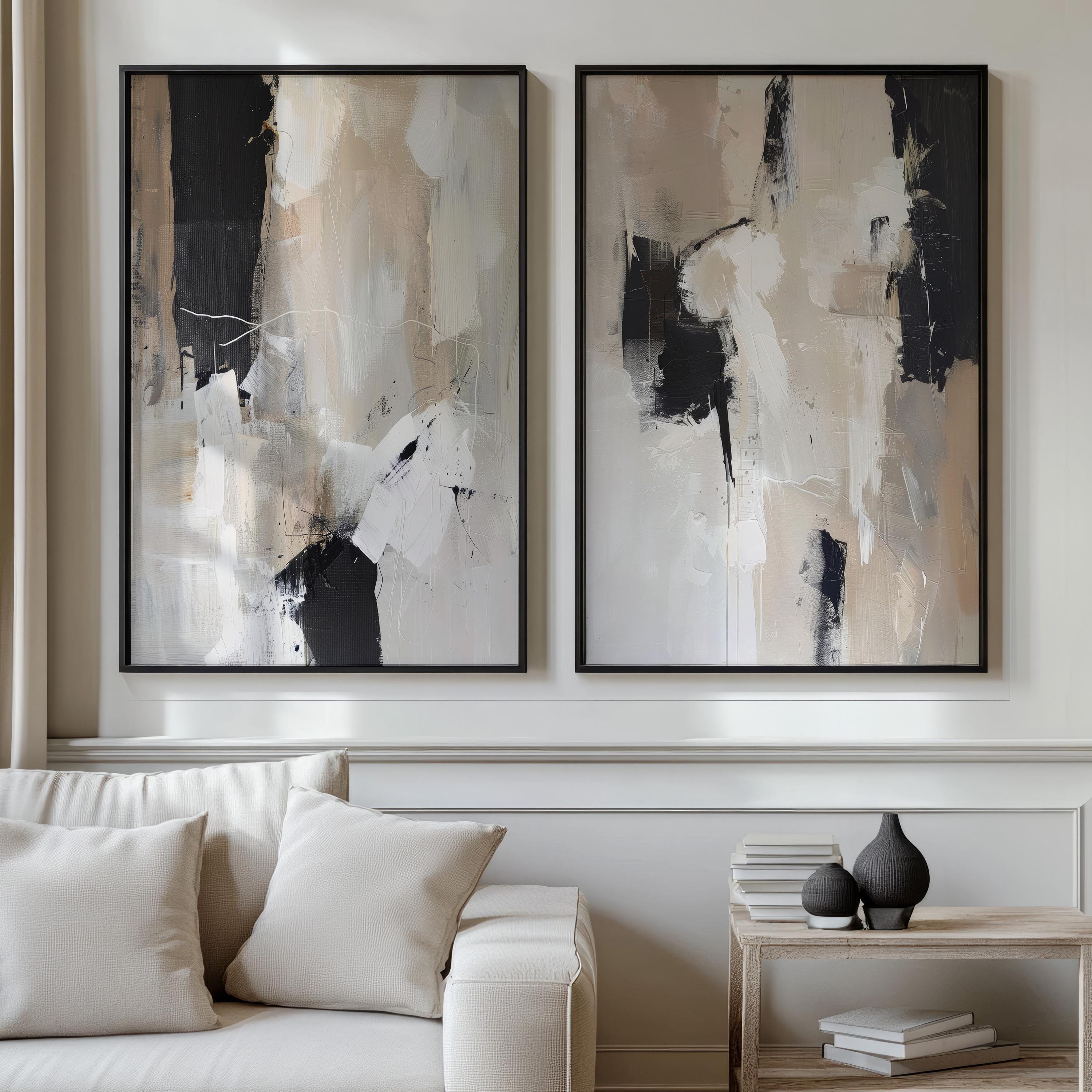 Abstract Beige and Black Art Print Set of 2 | Acrylic Painting | Modern ...