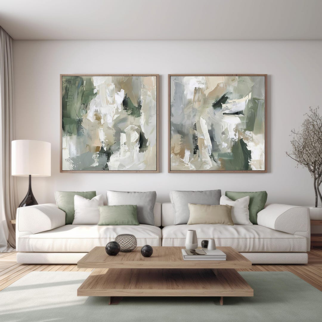 Abstract Green Art Print Set of 2 | Square Contemporary Style Painting ...