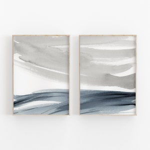 Grey And Blue Landscape Painting Set of 2, Abstract Watercolor Wall Art, PRINTABLE Art, Printable Wall Decor, Poster