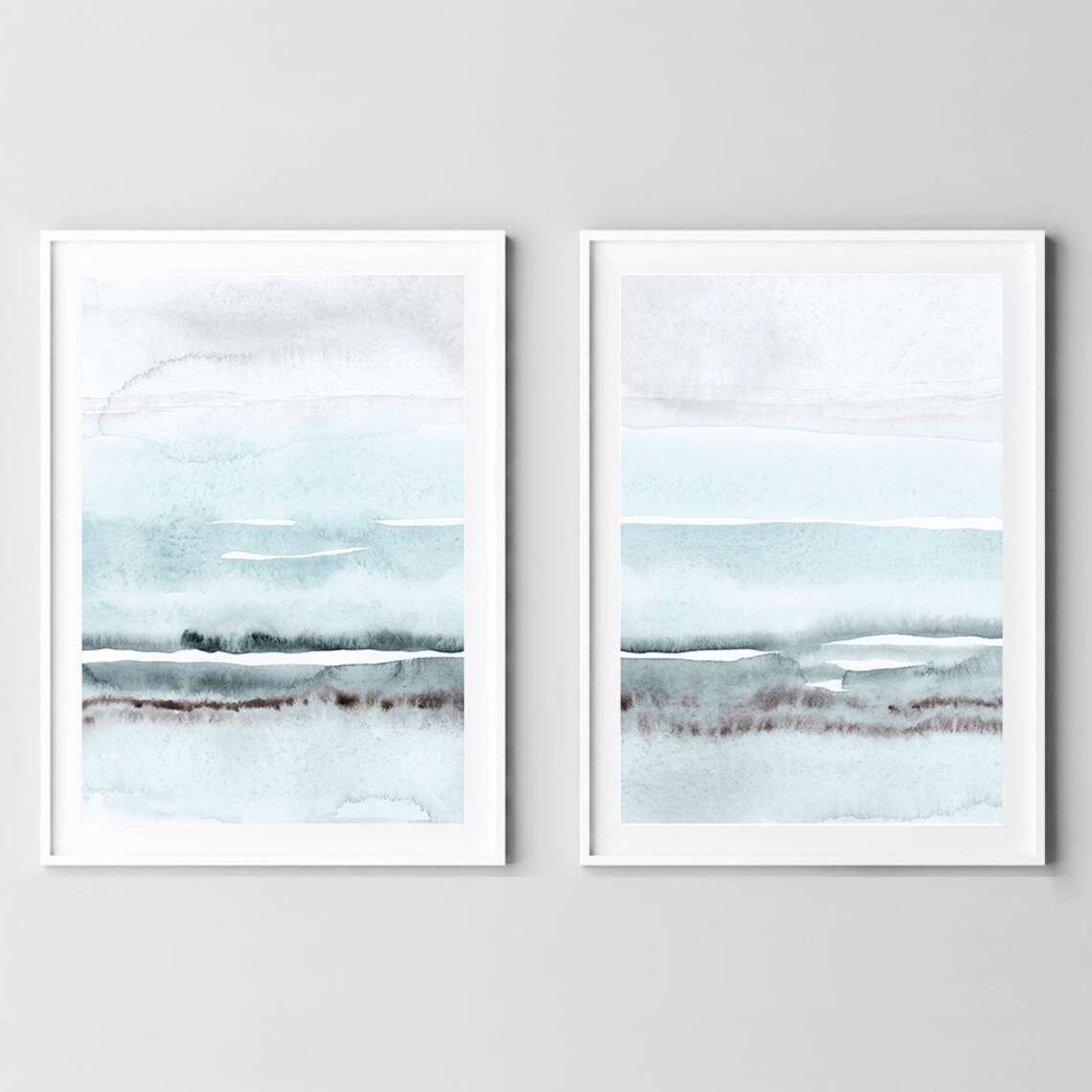 Blue and Grey Painting Set of 2 Abstract Watercolor Print Etsy