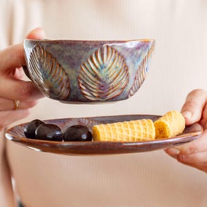 Ceramic tea cup and plate, Large coffee mug, Dessert and snack serving dish, Handmade pottery gift set, Carved tableware, Textured stoneware