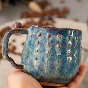 Light Blue handmade ceramic mug with tactile dots, Ocean inspired pottery coffee cup, Nature lover Birthday gift idea, Artisan stoneware