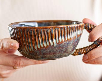 Handmade stoneware coffee mug, Textured Latte bowl with handle, Rustic carved pottery Cappuccino cup, Gift for tea lover, Blue drips glaze