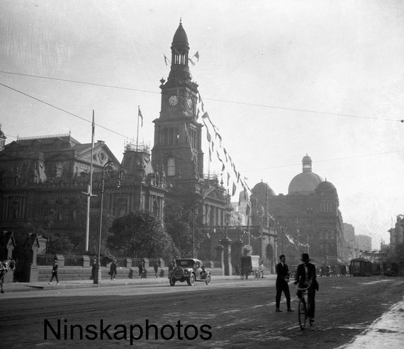 Sydney Town Hall - Street Scene - Cyclist - Australia - 1925 - Fine Art Antique Photo Print - Vintage Photo - 2375