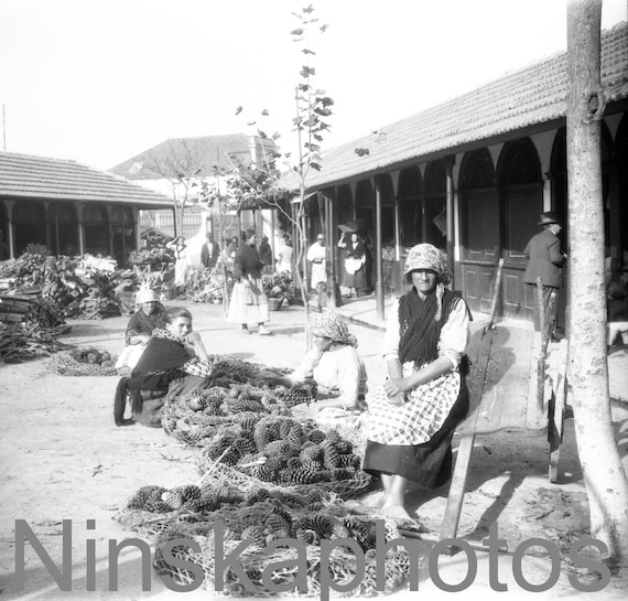 Leixoes, Portugal, Market Scene, Selling Pine Cones by J. Dearden Holmes, 1920s antique photo reprint, Market Seller, Street Scene, Vintage