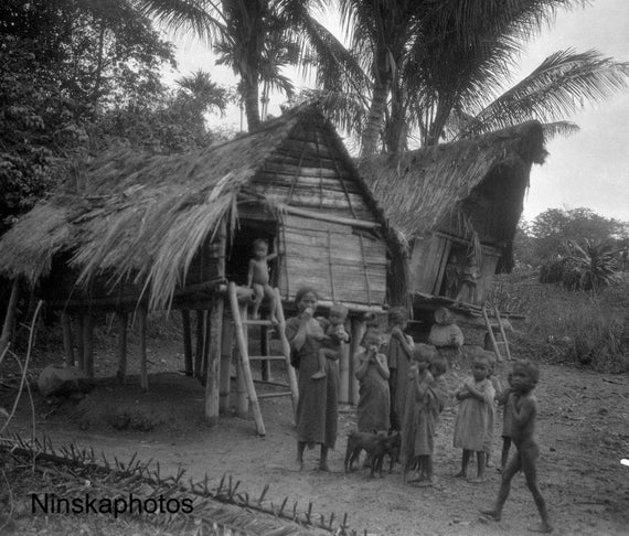 House and Group of Children in Fishing Village near Lake Toba - Sumatra, Indonesia - 1925 - Fine Art Antique Photo Print - Vintage Photo