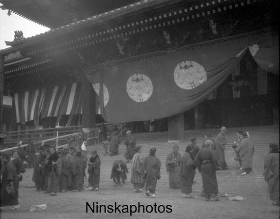 1920s Kyoto, Leaving Getas at Steps of Great Temple, Japan, Black & White Photography, 1920s antique photo reprint - Available Framed