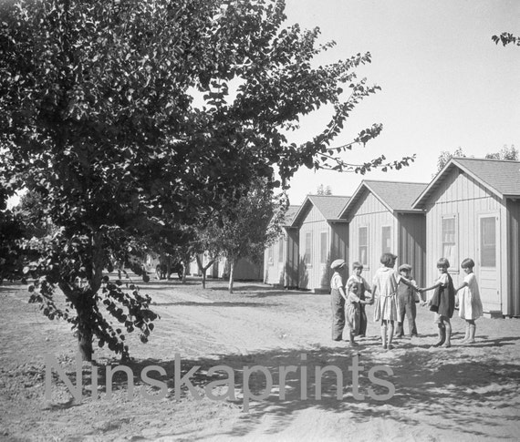 Children holding hands in circle, Fruit Farm Workers Quarters, San Jose, California, United States, 1920s antique photo reprint