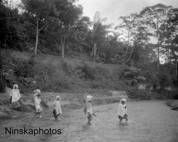 Fording a Stream In Karbouwengat near Bukittinggi - Sumatra, Indonesia - 1925 - Fine Art Antique Photo Print - BNW - Vintage Photo - 3338