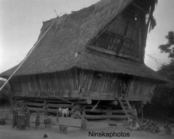Batak Fisherman's House and Children - near Lake Toba, Sumatra - Indonesia - 1925 - Fine Art Antique Photo Print - Vintage Photo