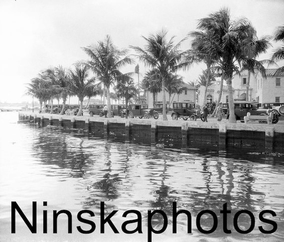 West Palm Beach, By the Lake, Florida, United States, 1920s antique photo reprint - Wall Decor - Local History - Palm Trees - Water Scene