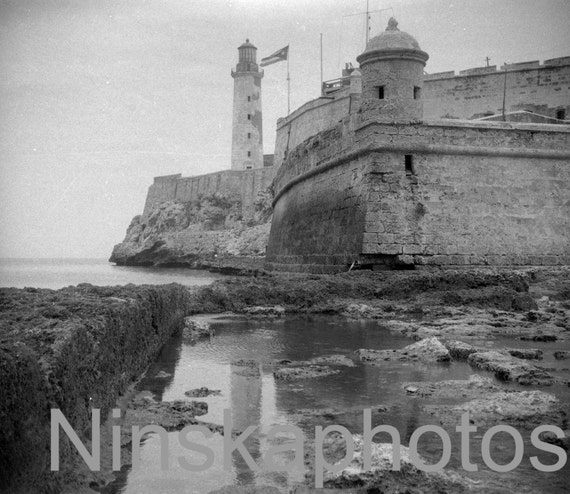 Lighthouse and Morro Castle, Havana, Cuba, 1920s antique photo reprint, black and white photography, photo art, wall art, wall decor
