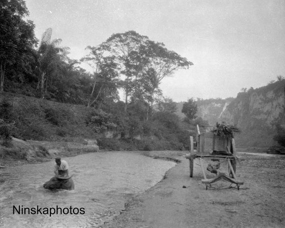 Washing a Buffalo in Karbouwengat near Bukittinggi - Sumatra, Indonesia - 1925 - Fine Art Antique Photo Print - BNW - Vintage Photo - 3339