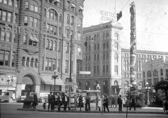 Historic Totem Pole, Pioneer Square, Seattle, Washington, United States, 1920s antique photo reprint