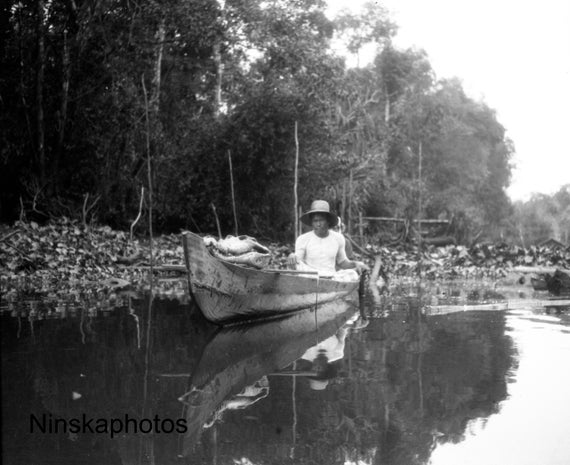 Man in Boat on Barito River, Koeala Lotek, Borneo, Indonesia - 1925 - Fine Art Antique Photo Print - Vintage Photo