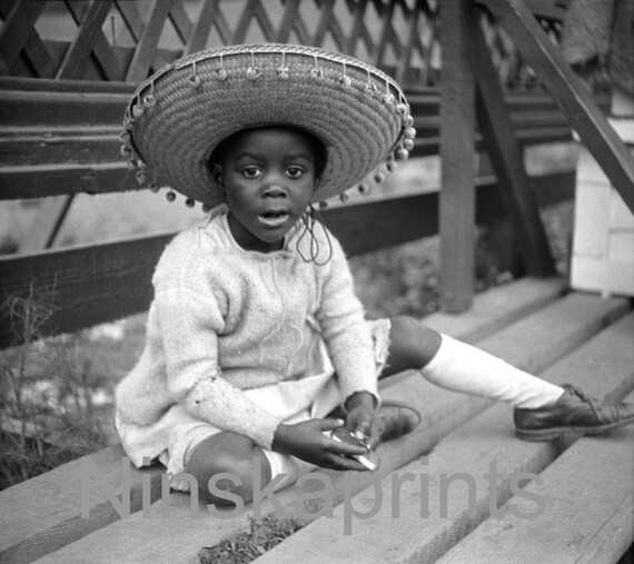 Little Girl wearing Mexican Hat, Santa Barbara, California, United States, 1920s antique photo reprint