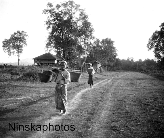 1925 Workers Returning (Dak Bungalow in distance) Hsinbo, on the Irrawaddy, Myanmar, Burma by J. Dearden Holmes 1920s antique photo reprint