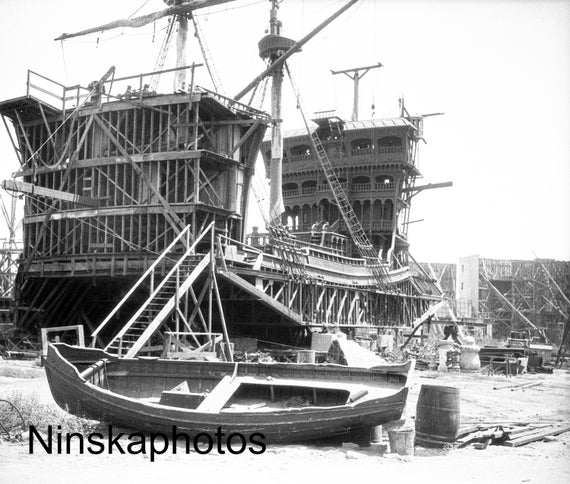 1920s Building Ship Set for Black Pirate Silent Film, Pickford Fairbanks Studio, Hollywood, California, 1920s antique photo reprint