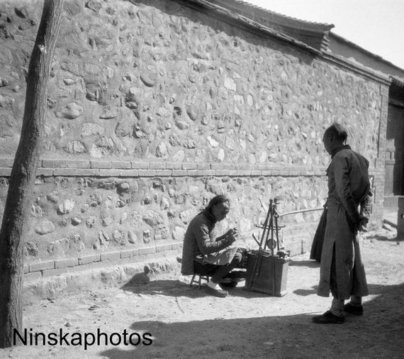 1920s Man mending old china - Street Scene in Nankow - China Antique Photo Reproduction - Vintage Photography - Black and White