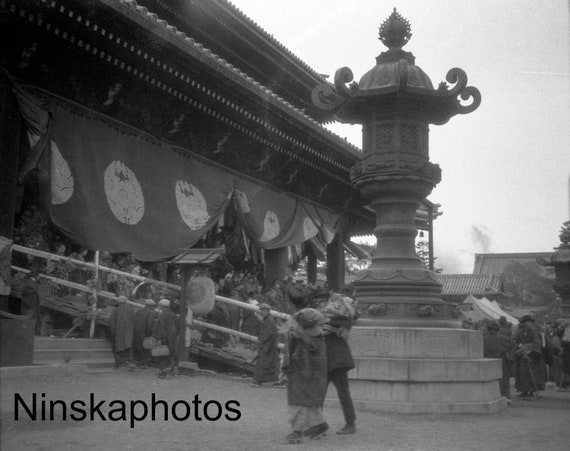 1920s Kyoto, Stone Lantern by Steps of the Great Temple, Japan, Black & White Photography, 1920s antique photo reprint - Available Framed