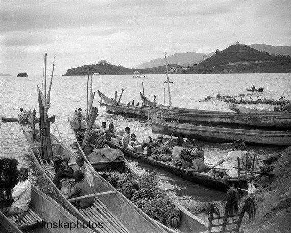 Parapat near Lake Toba - Locals in Canoe - Sumatra, Indonesia - 1925 - Fine Art Antique Photo Print - Vintage Photo - 3583