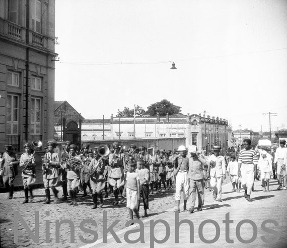 Military Band Parade in Belem, Para, Brazil, 1920s antique photo reprint, North Brazil, Brazilian History - Brass Band - Brazilian Military