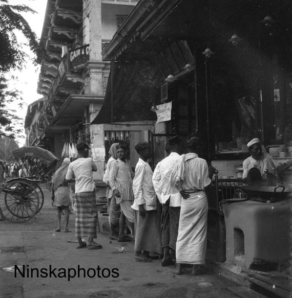 Street Food in Rangoon - Dalhousie Street - Burma - Myanmar - 1925 - Fine Art Antique Photo Print - Vintage Photo - Black & White
