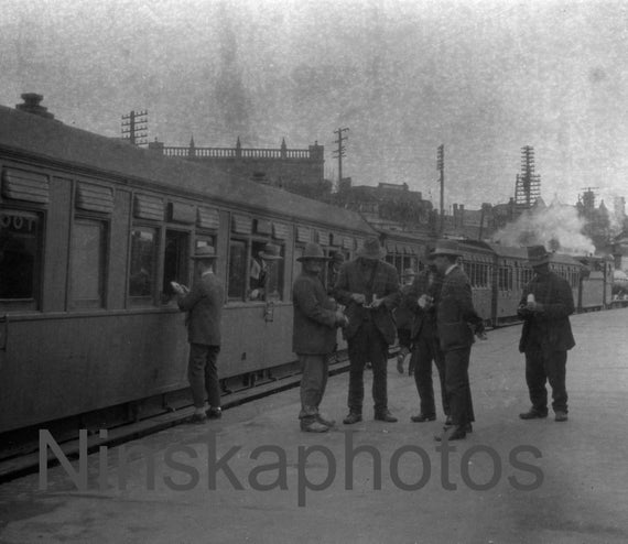 Railway Workers being paid at a local Station in New South Wales, Australia by J. Dearden Holmes, 1920s antique photo reprint, railway