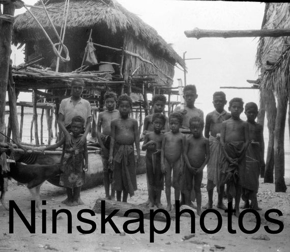 1920s Papua New Guinea, Village Life, Group of Locals, antique photo reprint, wall decor, home decor, black and white photography, Children