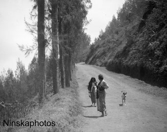 Women and Dog on Country Road near Village of Poespo- Java, Indonesia - 1925 - Fine Art Antique Photo Print - BNW - Vintage Photo - 3112