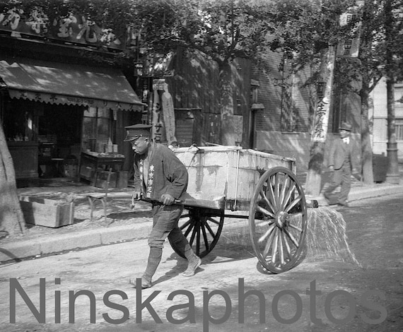 1920s Japan, Tokyo, A man pulling a water cart, Black & White Photography, 1920s antique photo reprint - Local History