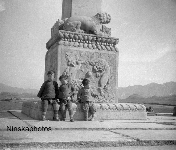 1920s Ming Tombs - Children at the Entrance to the Holy Way - China Antique Photo Reproduction - Vintage Photography - Black and White