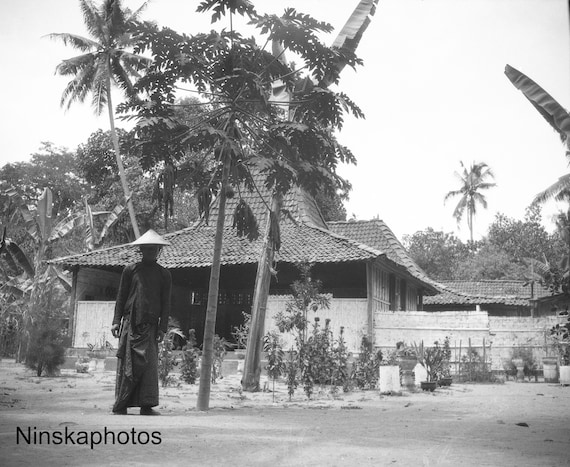 Man in front of Javanese House Village near Yogyakarta - Java, Indonesia - 1925 - Fine Art Antique Photo Print - BNW - Vintage Photo - 3207