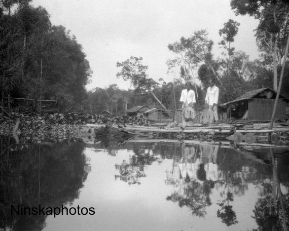 Drying Fish - Locals along the Barito River, Koeala Lotek, Borneo, Indonesia - 1925 - Fine Art Antique Photo Print - Vintage Photo - 2953