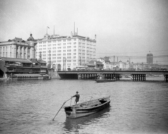 Canal Scene, Osaka, Japan, Asia, 1920s antique photo reprint