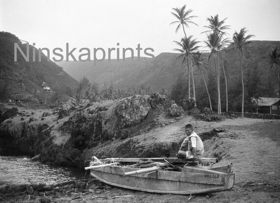 Man with Boat in Hilo, Hawaii, United States, 1920s antique photo reprint
